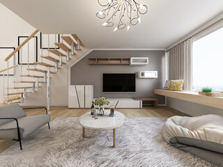 clean and tidy modern living room design, entrance with shoe cabinet, sofa, TV, table, leisure chair and other facilities