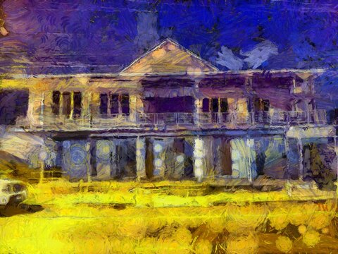 Landscape of ancient wooden buildings Illustrations creates an impressionist style of painting.