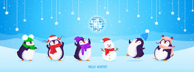 Set of cute dancing Christmas penguins in winter hats and scarves. Blue background with snowman, disco ball, snowflakes, stars and mountains. Hello winter. Vector cartoon illustration.  © lisannart