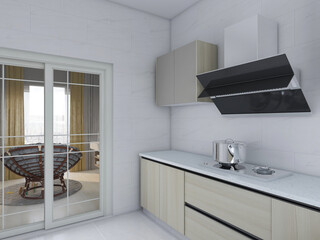Modern family kitchen design, new cabinets and kitchenware with refrigerators, sunlight from the window.