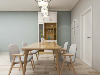 spacious dining room design next to the modern kitchen, with a beautiful dining table and greenery