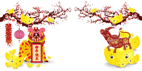 Banner design with gold ingots, Chinese text Happy New Year on White background. Vector illustration. Concept for 2021 holiday