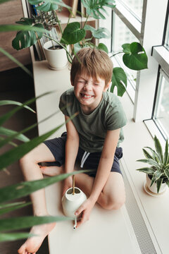 A young boy takes care of home plants.