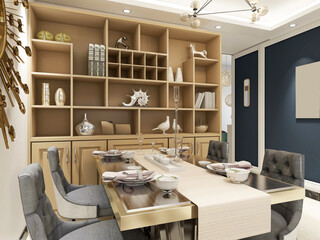 spacious dining room design next to the modern kitchen, with a beautiful dining table and greenery