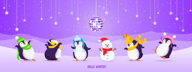 Set of cute dancing penguins in winter hats. Violet background with snowman, disco ball, snowflakes, stars and mountains. Vector cartoon illustration. Great for banners, prints, decor and web design. © lisannart