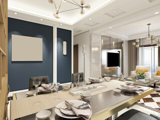 spacious dining room design next to the modern kitchen, with a beautiful dining table and greenery