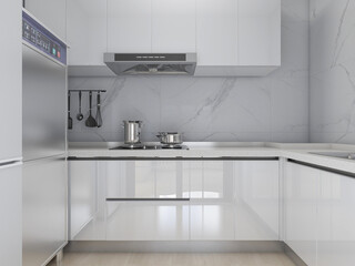 Modern family kitchen design, new cabinets and kitchenware with refrigerators, sunlight from the window.