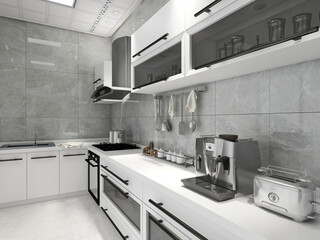 Modern family kitchen design, new cabinets and kitchenware with refrigerators, sunlight from the window.