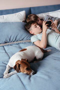 Young brothers use an electronic gadget.