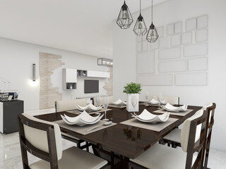 spacious dining room design next to the modern kitchen, with a beautiful dining table and greenery