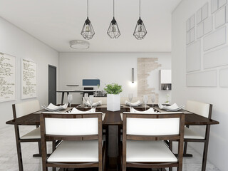 spacious dining room design next to the modern kitchen, with a beautiful dining table and greenery