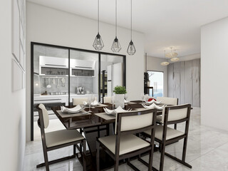 Fototapeta na wymiar spacious dining room design next to the modern kitchen, with a beautiful dining table and greenery
