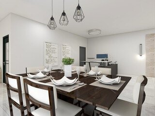 spacious dining room design next to the modern kitchen, with a beautiful dining table and greenery