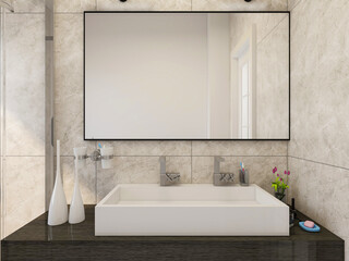 Clean modern residential bathroom and toilet design, which is equipped with washstand, toilet and shower equipment, etc