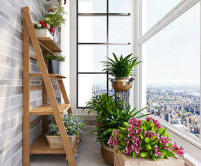 spacious and bright urban residential enclosed balcony design, green plants and household appliances look casual and comfortable