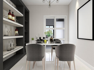 spacious dining room design next to the modern kitchen, with a beautiful dining table and greenery