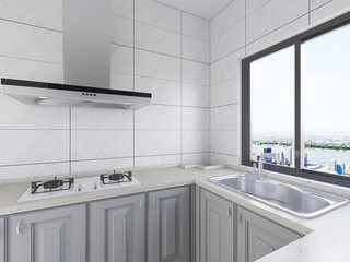Modern family kitchen design, new cabinets and kitchenware with refrigerators, sunlight from the window.