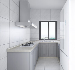 Modern family kitchen design, new cabinets and kitchenware with refrigerators, sunlight from the window.