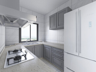 Modern family kitchen design, new cabinets and kitchenware with refrigerators, sunlight from the window.