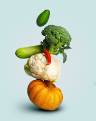 composition of fresh ripe vegetables. tower of different vegetables.