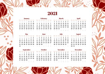 2021 Calendar printable template with hand drawn flower background and leaf clipart decoration