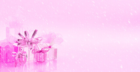 horizontal background gifts colors snow bows ribbon holiday celebration ice pink