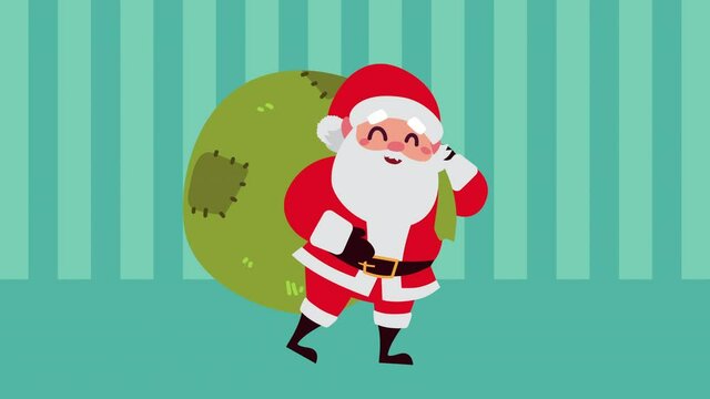 happy merry christmas animation with santa claus and gifts bag