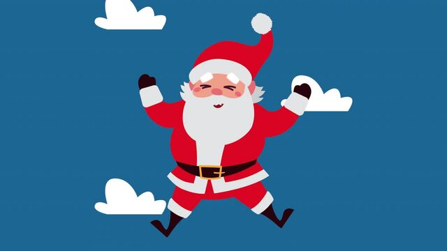 happy merry christmas animation with santa claus in the clouds