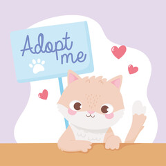 Obraz na płótnie Canvas adopt a pet, cute little kitten with placard and hearts