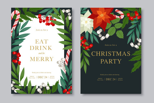 Merry Christmas and Happy New Year party invitation. Vector posters with poinsettia, holly berries, fir and pine branches, cones, rowan, lollipops. Holiday cards.