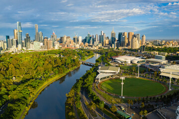 Fototapeta premium Aerial photo of Melbourne at sunrise