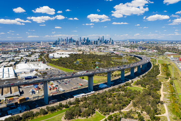 Aerial photo of highway connected to Melbourne CBD - 393470174