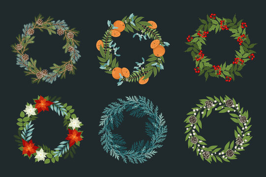 Set of Christmas wreaths with oranges, holly berries, poinsettias, pine and fir branches, cones, winter plants, rowan. Vector design elements for your holiday cards. Xmas traditional set