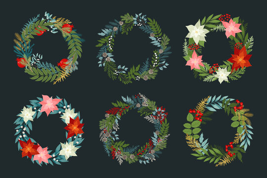 Set of Christmas wreaths with holly berries, poinsettias, pine and fir branches, cones, winter plants, rowan. Vector design elements for your holiday cards. Xmas traditional set