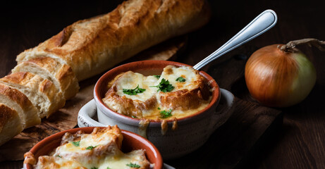 Close up of French onion soup in soup crocks ready for eating.