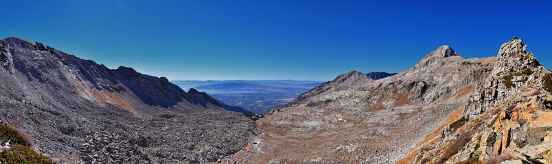 View of Pfeifferhorn peak and Lone Peak Wilderness mountain landscape from White Baldy and Pfeifferhorn trail, towards Salt Lake Valley, Wasatch Rocky mountain range, Utah, United States. 