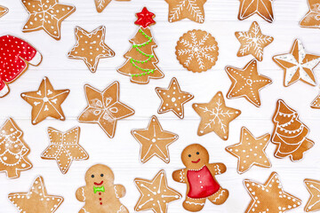 Fototapeta na wymiar Sweet Christmas gingerbread cookies on white background. Holiday