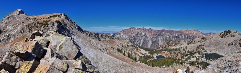 View of Pfeifferhorn peak and Lone Peak Wilderness mountain landscape from White Baldy and Pfeifferhorn trail, towards Salt Lake Valley, Wasatch Rocky mountain range, Utah, United States. 