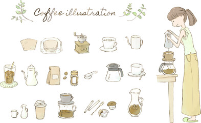コーヒーをドリップする女性とコーヒー器具のイラストセット