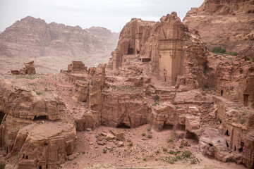 Fototapeta premium Ruins of the ancient city of Petra in the Siq canyon, top view