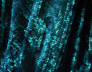 Blue-green texture. Elegant fabric in  style of art Deco with round sequins in turquoise. The play...