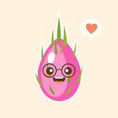 Cartoon cute dragon fruit character in kawaii style. S Design for t shirts, stickers, posters, cards etc. Vector illustration on color background