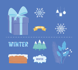 winter sale icons gift snowflakes wooden board ice ribbon