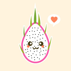 Cartoon cute dragon fruit character in kawaii style. S Design for t shirts, stickers, posters, cards etc. Vector illustration on color background
