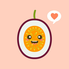 Cute smiling exotic passion fruit. Kawaii fruit character. tropical fruit design Isolated colorful vector icon