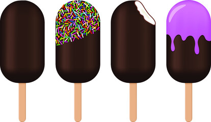 Vector set of Chocolate bar popsicles on stick, whole, bitten with vanilla filling, with sprinkles and strawberry splash on isolated white background