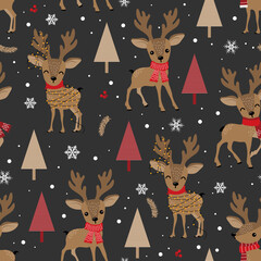Christmas seamless pattern with reindeer background, Winter pattern with deer, wrapping paper, winter greetings, web page background, Christmas and New Year greeting cards