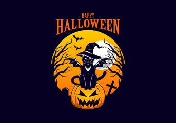 hallooween black cat wearing a witch hat above a halloween pumpkin with bats and moon in the background vector illustration
