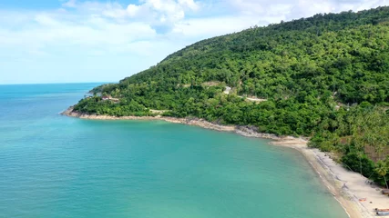 Foto op Plexiglas Beach and Sea and mountain Top View , Wave of Turquoise ocean water on sandy beach, High angle view sea and sand background, Aerial top view of Khanom beach, Khanom, Nakhon Si Thammarat Thailand  © Nuttawut