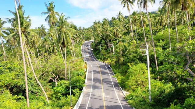 The Khanom Sichon Road the Road by the Ocean at Khao Phlai Dam ,Nakorn Sri Thammarat Thailand Drone Aerial View